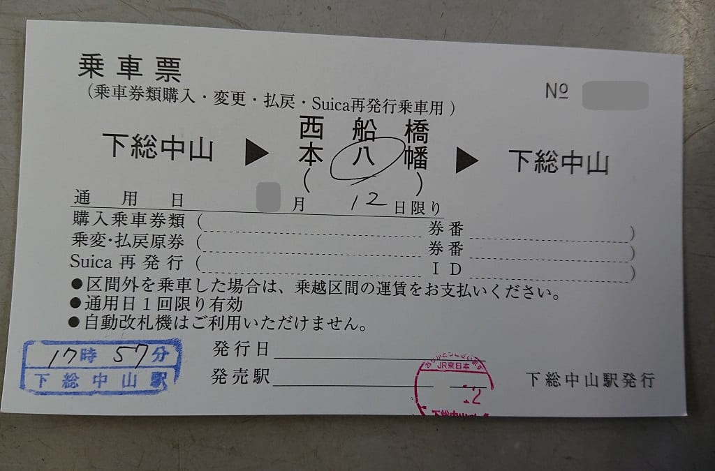 下総中山で発券された本八幡駅までの往復乗車券