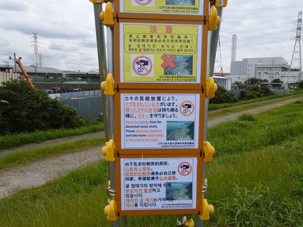 江戸川河川敷の牡蠣が採れる場所には注意看板があります。