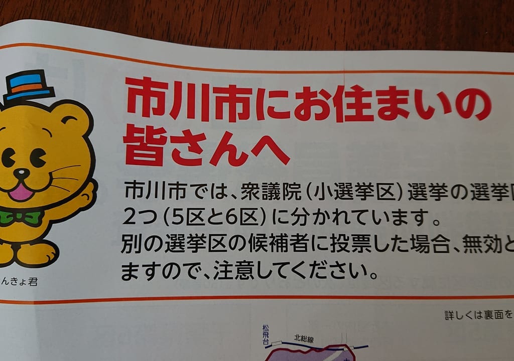市川市の選挙区はお住まいのエリアに寄って5区と6区に分かれます